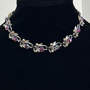 Vtg AB Crystal Choker Necklace Silver-tone Blue Aurora Borealis & Pearl Beads
